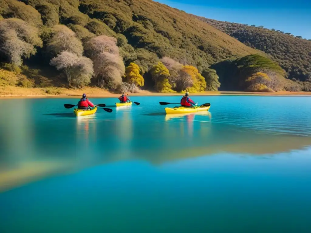 Kayakers explorando Laguna Garzón en invierno, rodeados de naturaleza