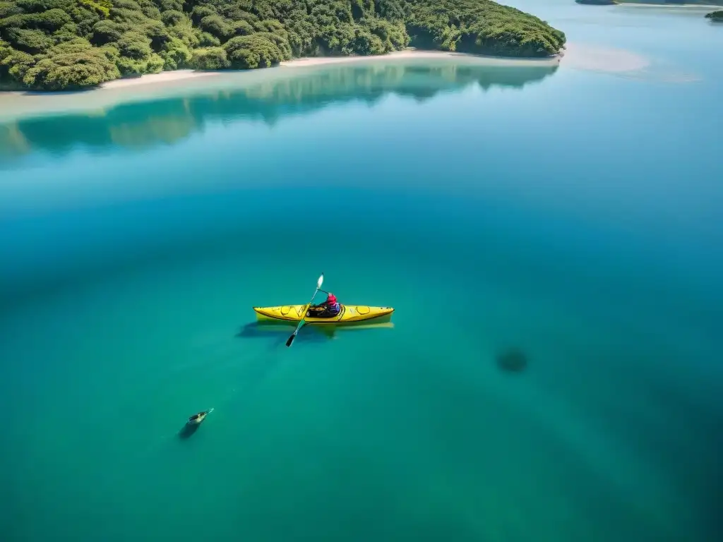 Kayakers explorando una laguna serena en Uruguay al amanecer