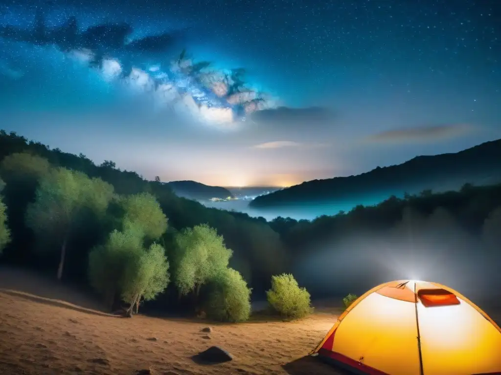 Una lámpara de cabeza para campamentos ilumina la noche estrellada en un remoto sitio de campamento en Uruguay