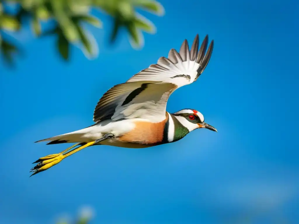 Un Lapwing del Sur en vuelo, con plumaje iridiscente, destacándose en el cielo azul y vegetación exuberante de Uruguay