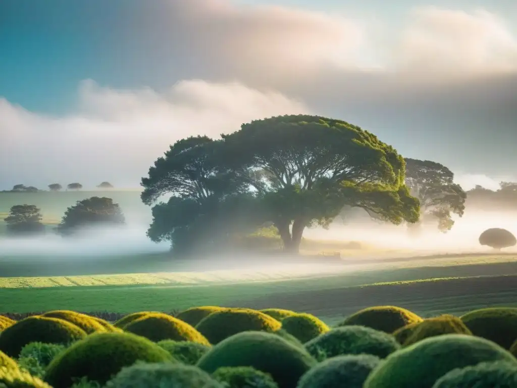 Leyendas Uruguay rural revisadas: paisaje místico con neblina, vieja casa y árboles antiguos, bajo la luz etérea del amanecer