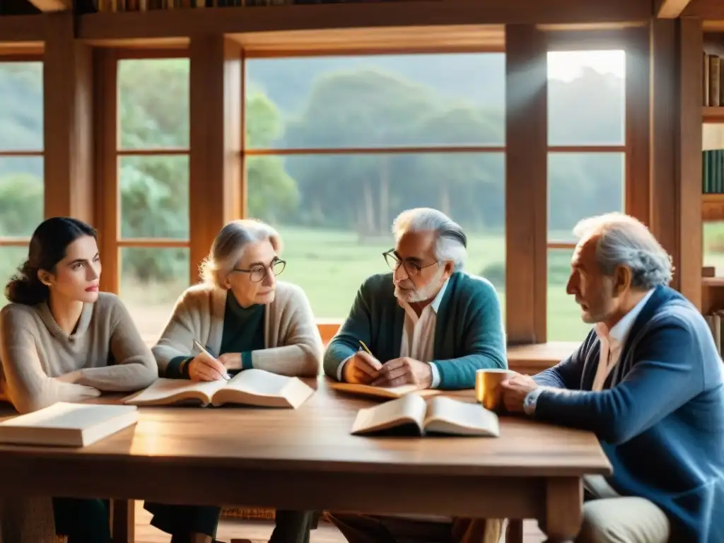 Reunión literaria de la Generación del 45 en retiro campestre, rodeados de libros y café, creando obras maestras