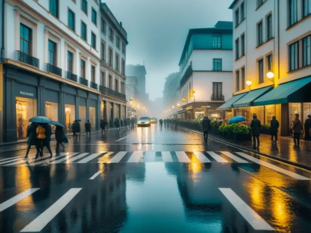 Fotografiando Uruguay bajo la lluvia: una ciudad bulliciosa con luces y personas bajo la lluvia