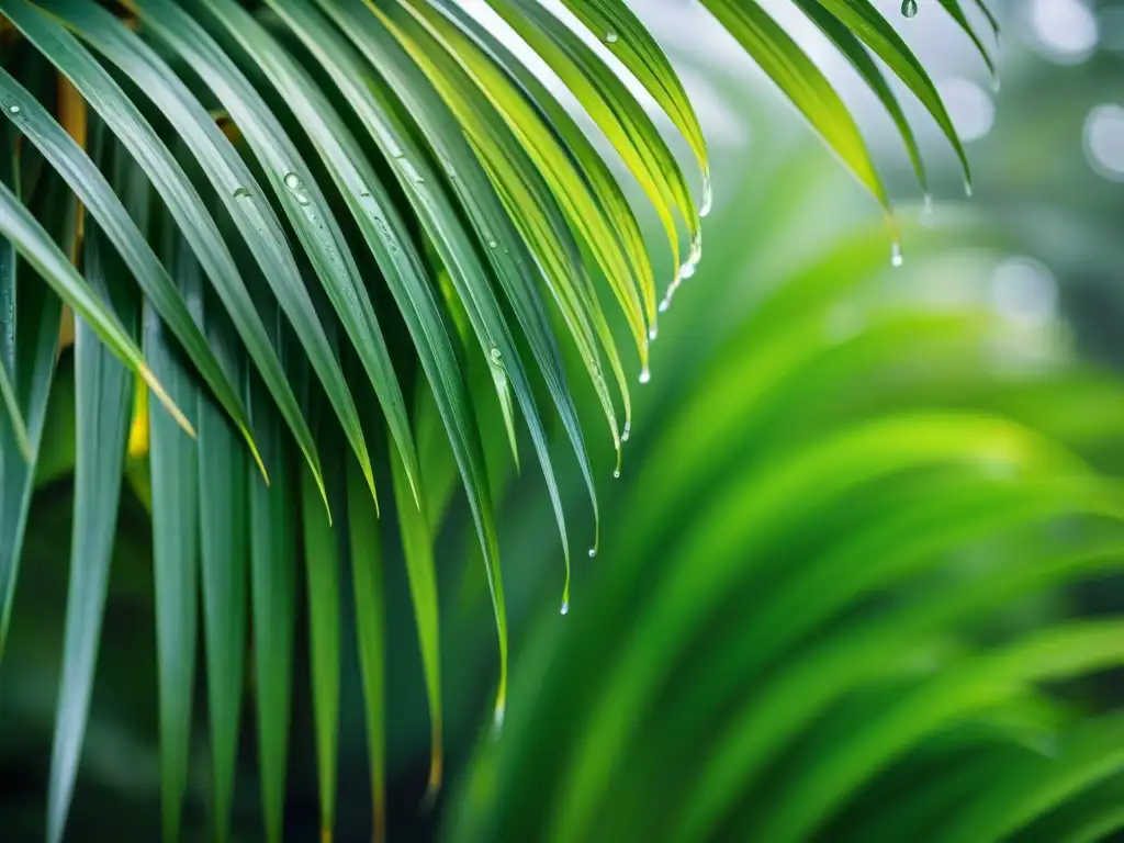 Fotografiar bajo la lluvia en Uruguay: Gotas de lluvia en hojas verdes de palmera, con luz suave filtrándose entre la densa vegetación