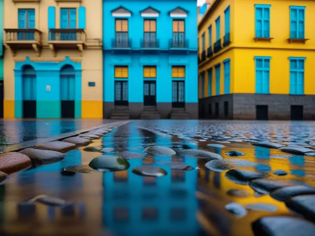 Fotografiar bajo la lluvia en Uruguay: Reflejo de edificios coloridos en Montevideo en una calle mojada por la lluvia