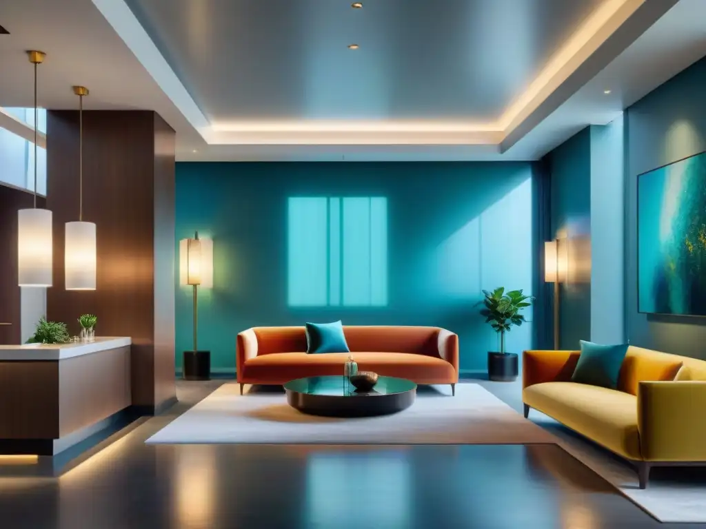 Un lobby de hotel boutique moderno con arte contemporáneo, colores vibrantes y diseño sofisticado