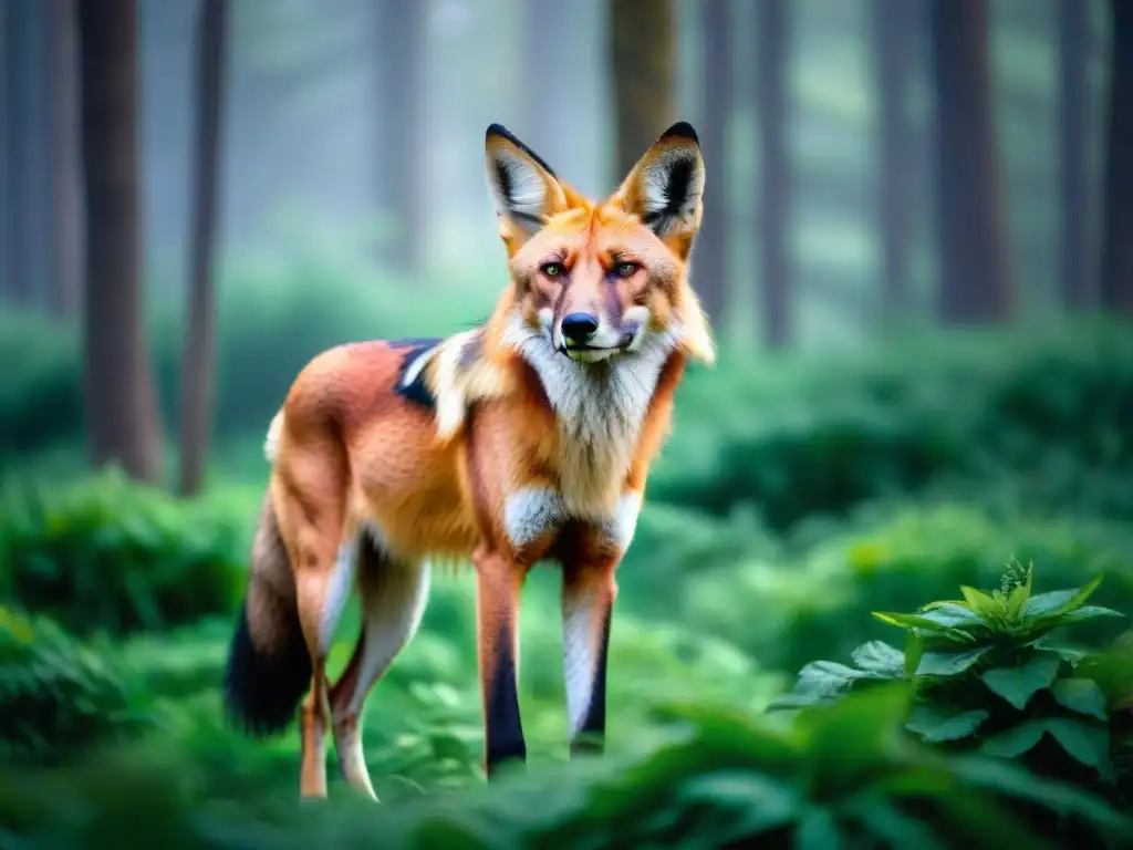 Un lobo de crin en un bosque verde, resaltando su pelaje rojo y la urgencia de proteger a los animales en peligro de extinción en Uruguay