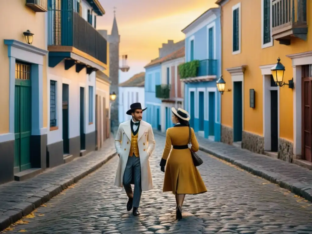 Un guía local con turistas recorriendo calles coloniales al atardecer en Colonia del Sacramento, Uruguay