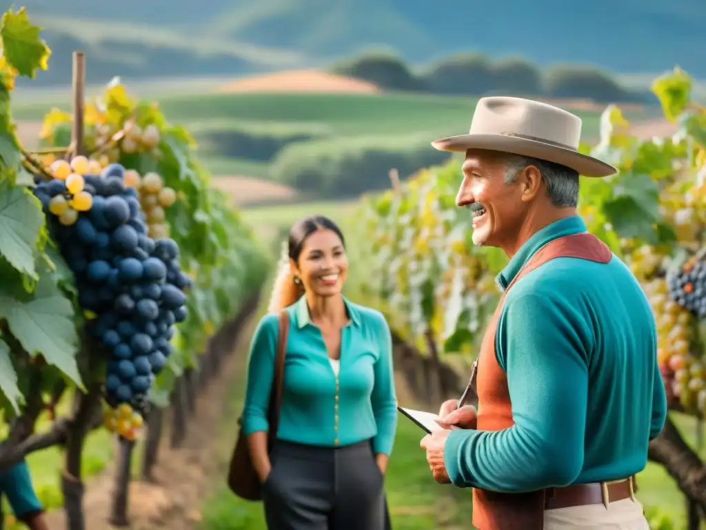 Un guía local uruguayo en traje de gaucho explica prácticas sostenibles en viñedo
