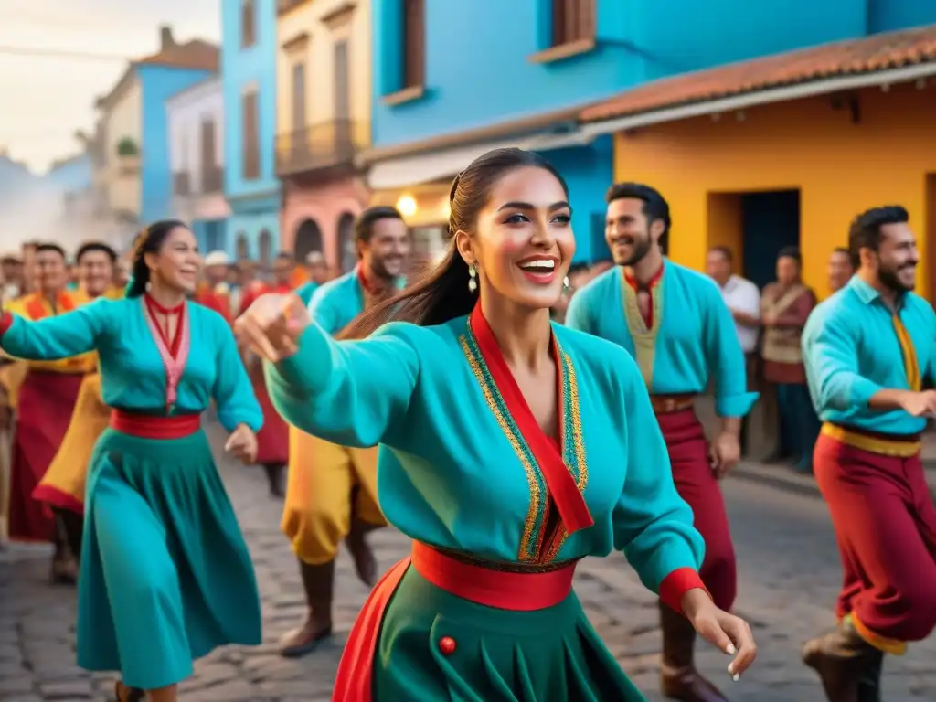 Locales disfrutan de un carnaval en Artigas, Uruguay, vistiendo trajes gauchos tradicionales y bailando al ritmo de la música uruguaya