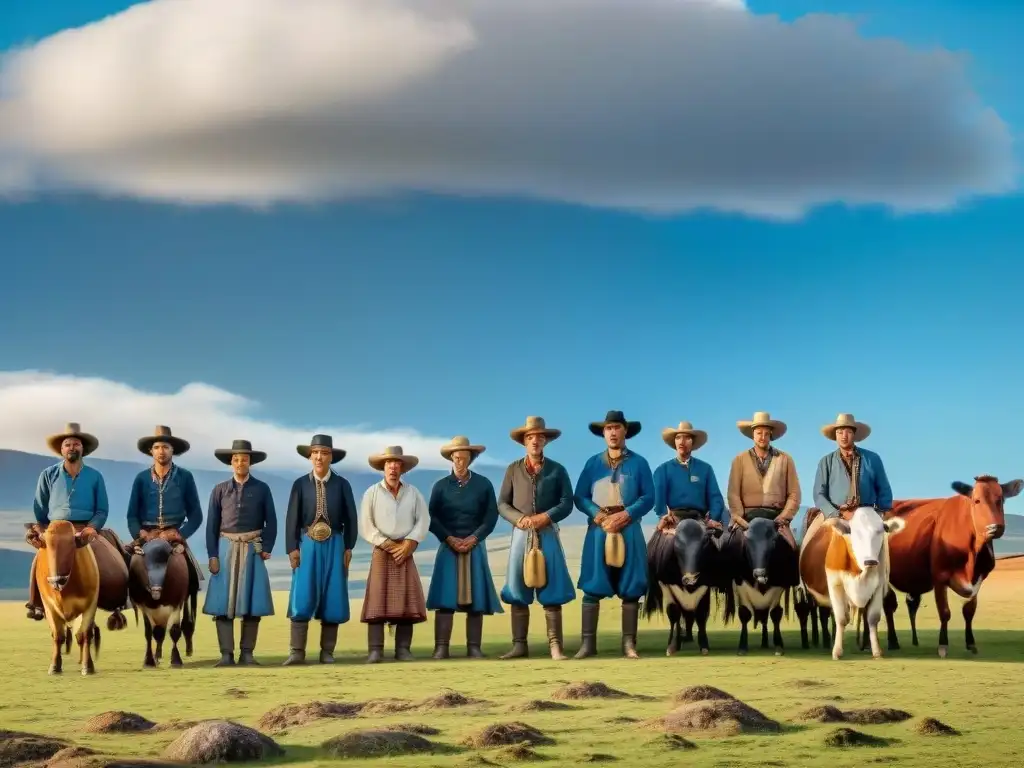 Locales que protegen cultura uruguaya: Gauchos uruguayos con ganado en estancia rústica, transmitiendo tradición y conexión a la tierra