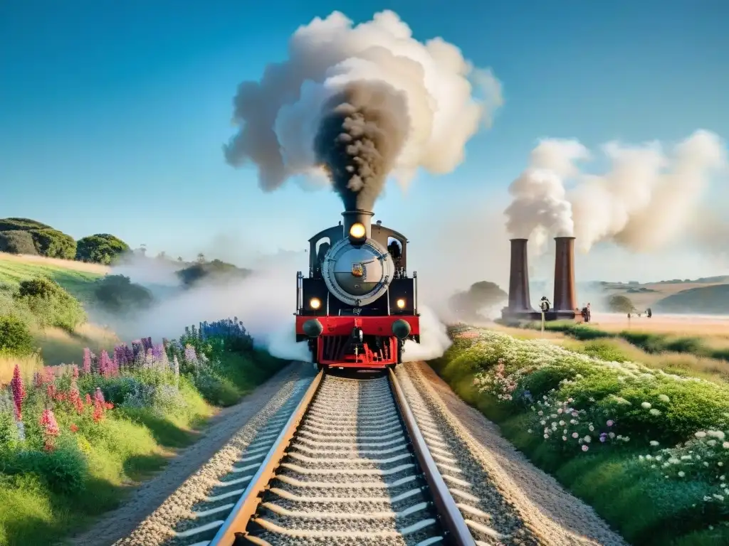 Una locomotora histórica avanza por el campo uruguayo, rodeada de flores silvestres y locales saludando en una estación rural