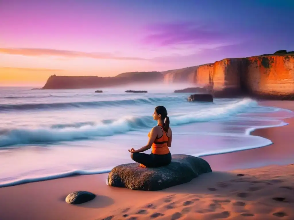 Lugares mágicos para practicar yoga: persona en silueta practica yoga al atardecer en una playa de Uruguay