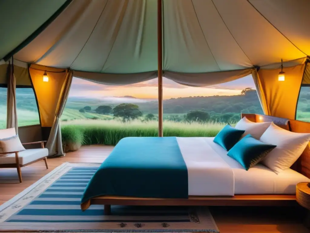 Tentación de lujo en glamping con cama king, decoración elegante y luz ambiental, rodeada de naturaleza en Uruguay