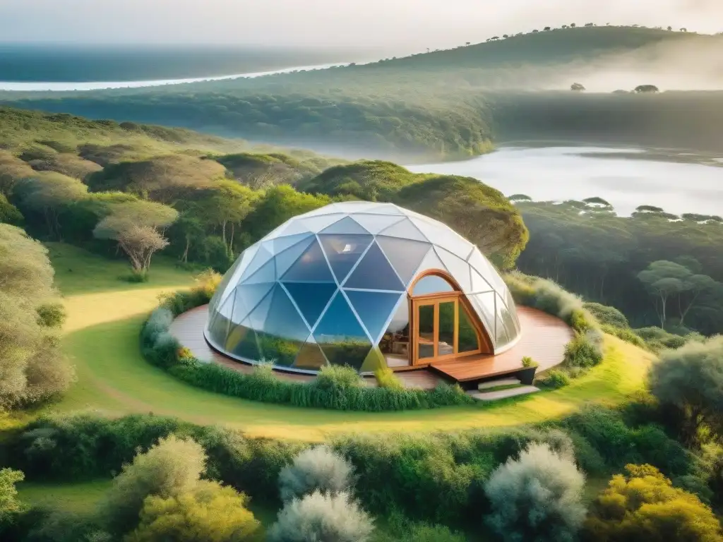 Geodésica de lujo en bosque verde de Uruguay, ecoglamping sostenible: paneles solares, reciclaje, decoración ecológica y huéspedes disfrutando