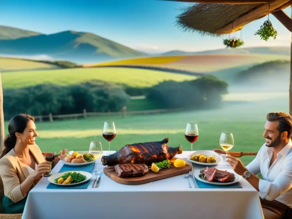 Una lujosa experiencia gastronómica en Uruguay: asado tradicional en estancia con vinos premium, rodeados de elegantes comensales y paisaje campestre