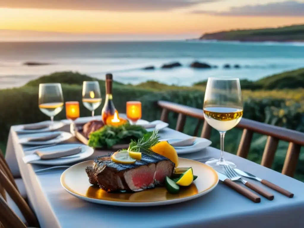 Una lujosa parrillada en la costa uruguaya: mesa elegante con fina vajilla, carnes y ensaladas, comensales sofisticados al atardecer