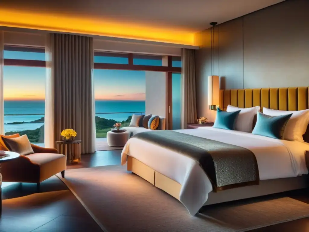 Una lujosa suite de hotel boutique en Uruguay con cama king size, iluminación ambiental cálida, mobiliario chic, balcón con vista al mar y arte local