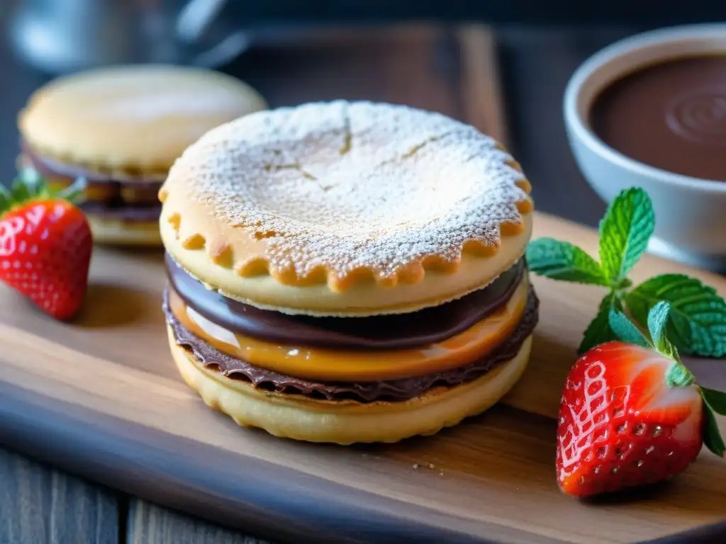 Un lujoso Alfajor de Dulce de Leche rodeado de fresas y menta en un café acogedor