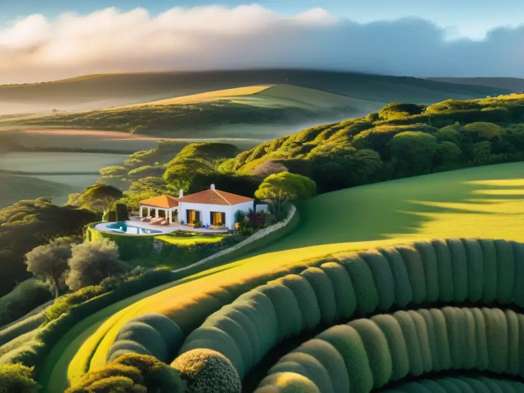 Un lujoso hotel boutique entre colinas de Uruguay, con naturaleza exuberante y huéspedes disfrutando de la terraza al atardecer