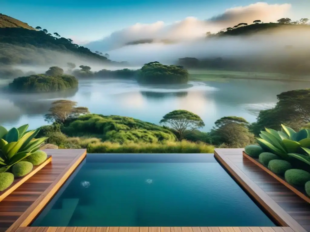 Un lujoso spa en Uruguay rodeado de exuberante vegetación, con vistas a un lago sereno