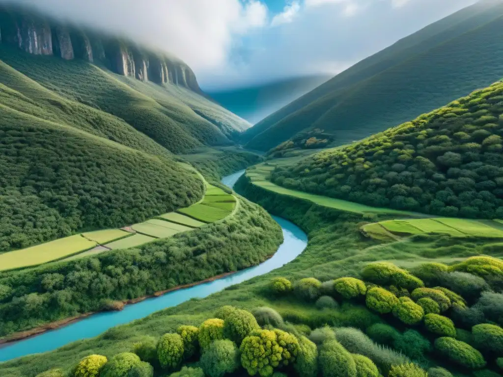 Explora Valle del Lunarejo trekking en Uruguay: un valle sereno con exuberante vegetación, senderos sinuosos y cielo azul