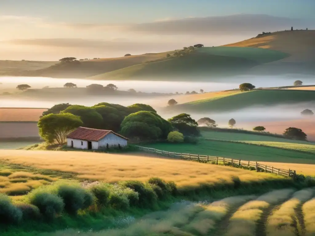 Alborada dorada en el campo uruguayo: serenidad rural La luz dorada del amanecer ilumina la vida rural uruguaya, capturando serenidad y belleza