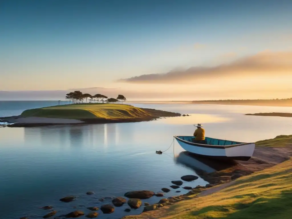 Fotografía con luz natural en Uruguay: Amanecer dorado sobre Punta del Este, con pescador solitario en barca