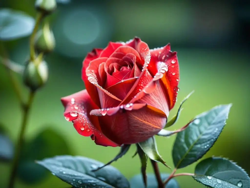 Macrofotografía de un capullo de rosa roja cubierto de rocío matutino en un jardín sereno de Uruguay