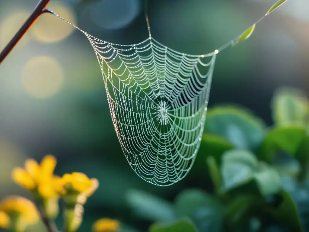 Macrofotografía de un exquisito telaraña cubierta de rocío en un jardín de Uruguay, detallando la belleza natural