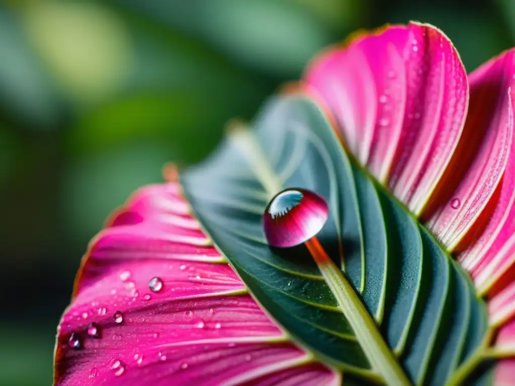 Macrofotografía en jardines de Uruguay: Una gota de lluvia en un pétalo rosa vibrante, reflejando el jardín