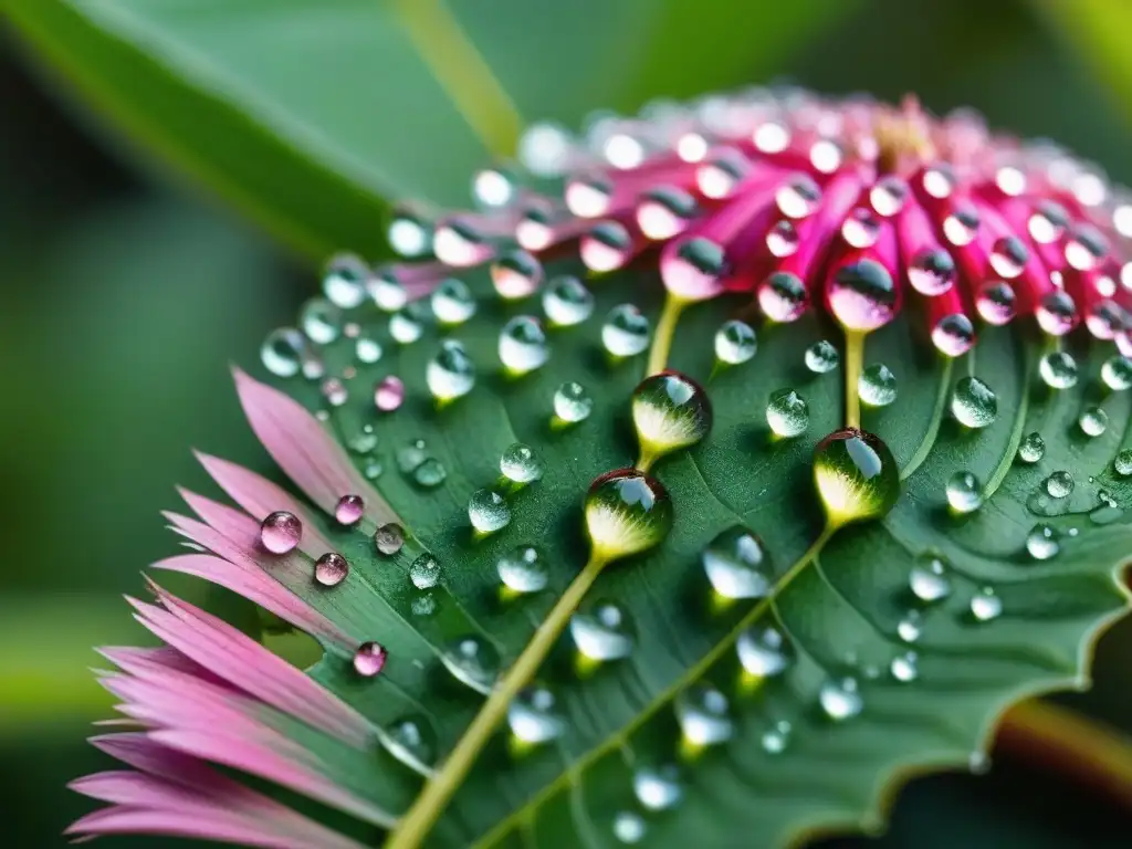 Macrofotografía en jardines de Uruguay: Patrón de gotas de rocío en pétalo rosa, reflejando la luz del sol