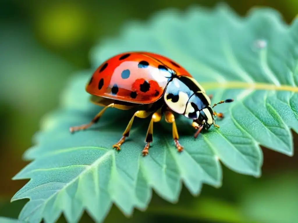 Macrofotografía de una mariquita roja y negra en un jardín de Uruguay, mostrando detalles intrincados y juego de luces y sombras