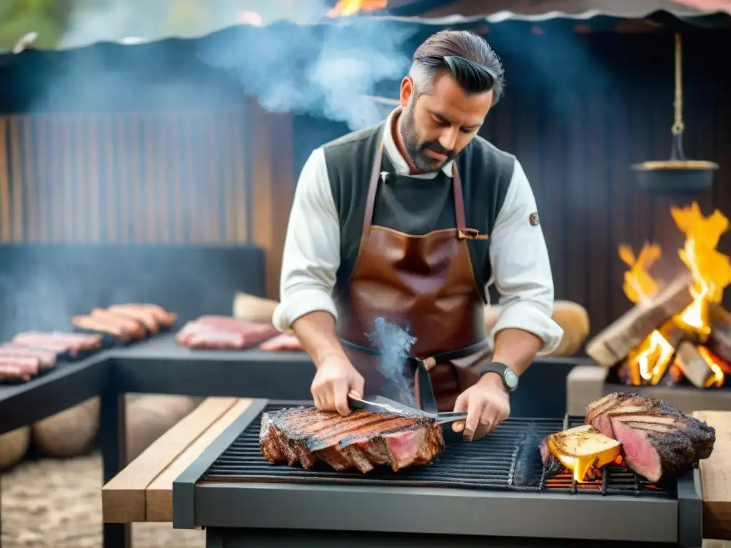 Un maestro asador uruguayo prepara un asado perfecto en una parrilla de leña, en una clase magistral de asado en Uruguay