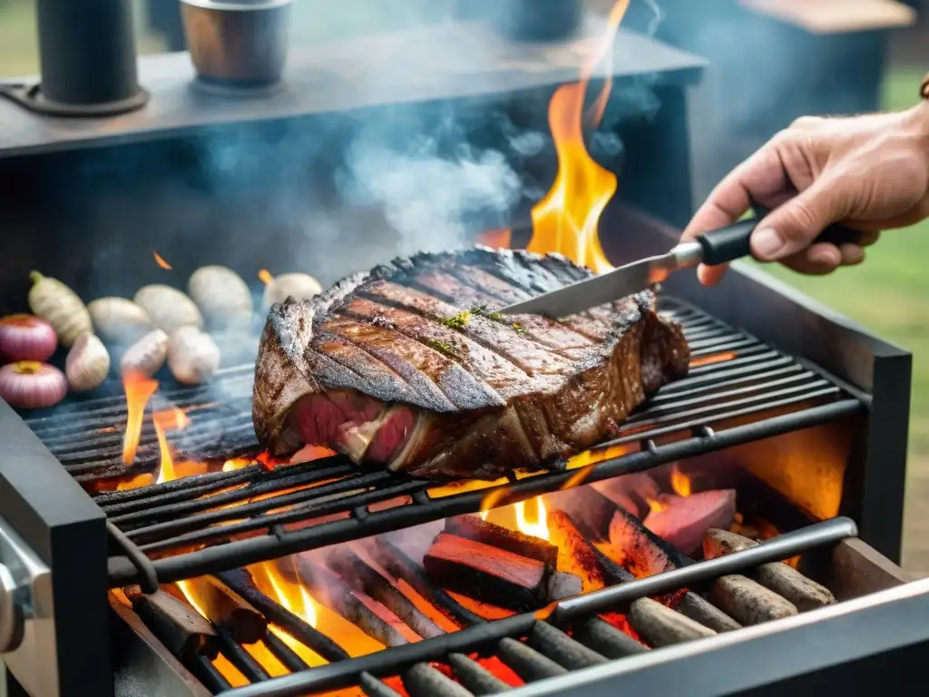 Un maestro asador uruguayo revelando los Secretos de la parrillada uruguaya con destreza y pasión