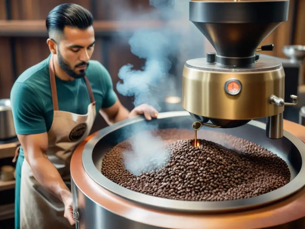 Un maestro cafetero supervisa la tostadora en una tradicional torrefacción uruguaya, con humo y aroma a café recién tostado