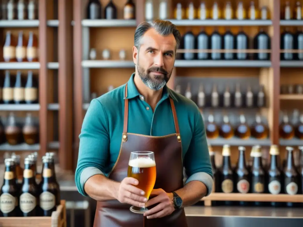 Un maestro cervecero examina detenidamente una cerveza artesanal de lujo en Uruguay, rodeado de equipo de producción y botellas vintage