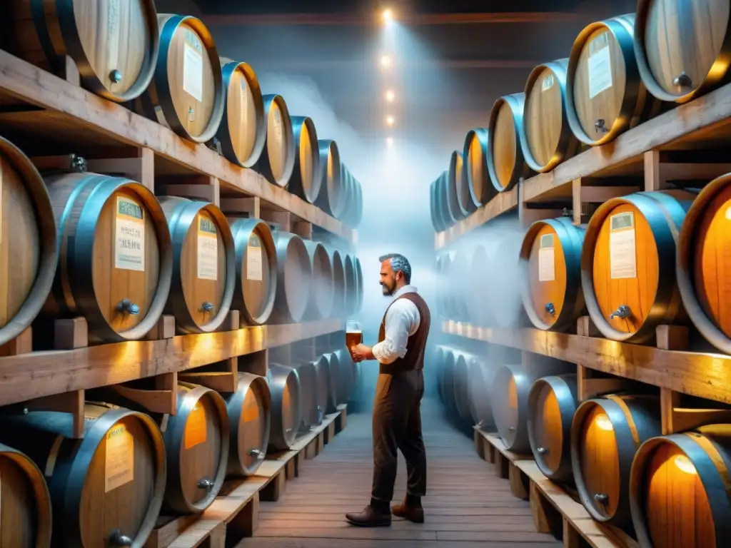 Maestro cervecero inspeccionando cerveza en barricas de madera en una tradicional cervecería uruguaya