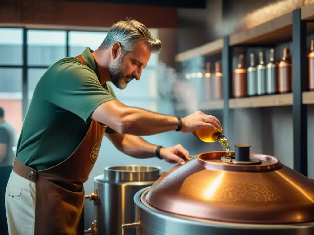 Un maestro cervecero vierte con esmero ingredientes exóticos en una olla de cobre brillante, en una cervecería rústica de Uruguay