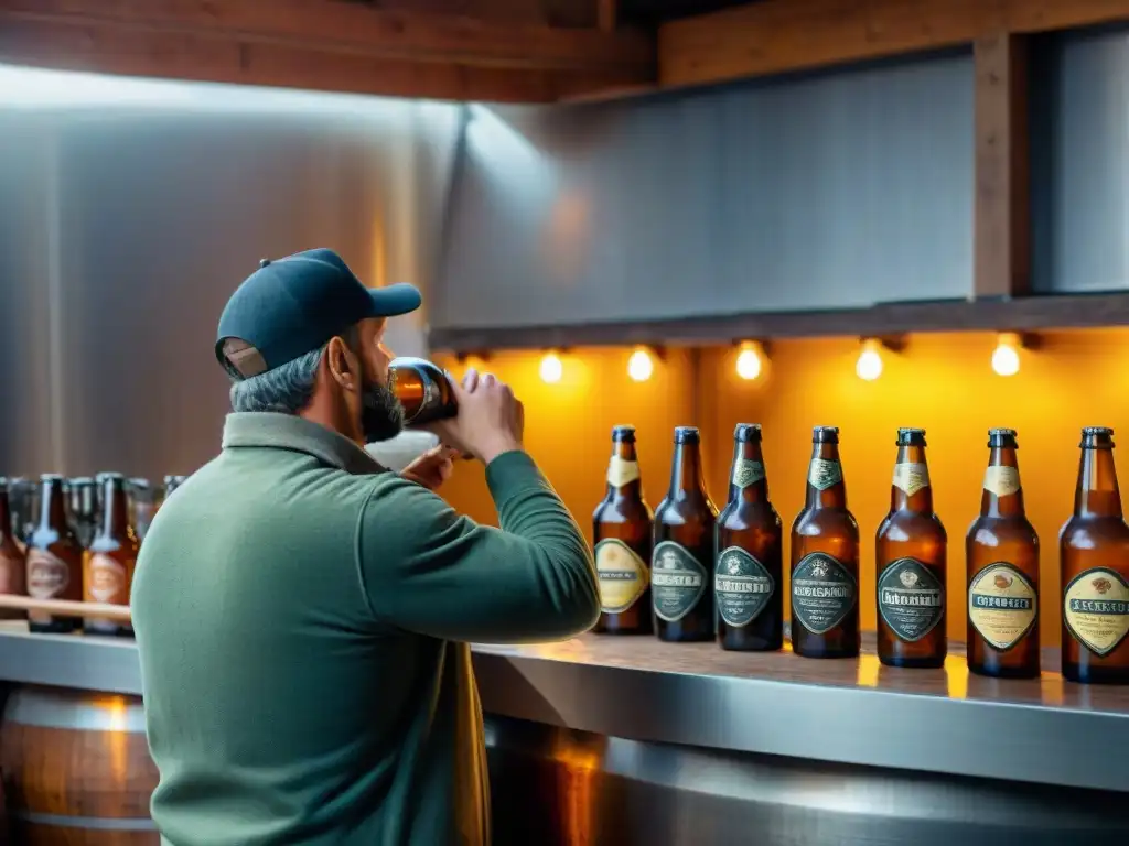 Un maestro cervecero inspeccionando una microcervecería artesanal en Uruguay, destacando el proceso detallado de producción de cerveza