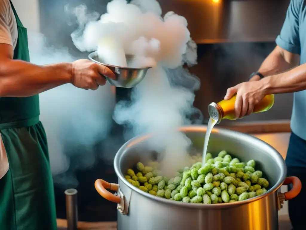 Un maestro cervecero vertiendo lúpulo en una olla de acero inoxidable, en una microcervecería artesanal en Uruguay