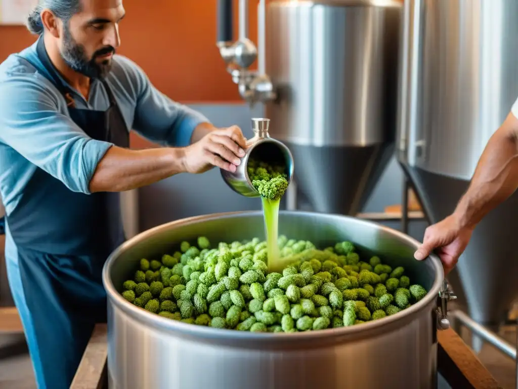 Un maestro cervecero vierte lúpulo en un tanque de acero inoxidable en una microcervecería artesanal en Uruguay