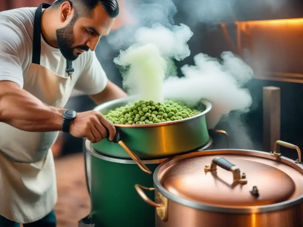 Un maestro cervecero uruguayo vierte lúpulo en un caldero de cobre, con vapor y concentración