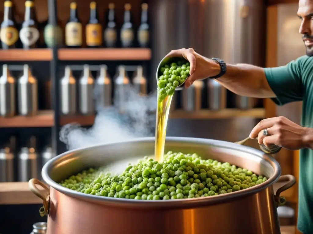 Un maestro cervecero vierte lúpulo uruguayo en un caldero de cobre, creando cerveza artesanal en un entorno rústico