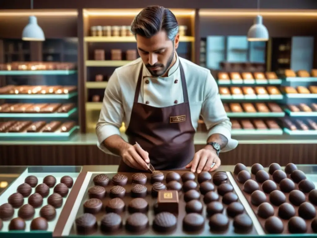 Maestro chocolatero en chocolatería de lujo en Uruguay creando exquisito chocolate a mano con detalle y pasión