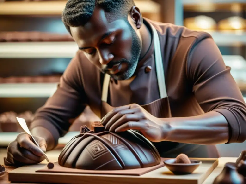 Un maestro chocolatero moldea con destreza una escultura de chocolate en una lujosa chocolatería de Uruguay