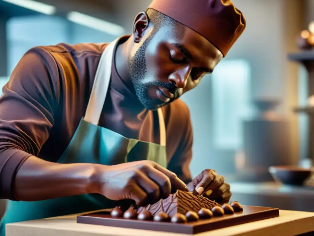 Un maestro chocolatero crea una escultura de chocolate, mostrando destreza y detalle