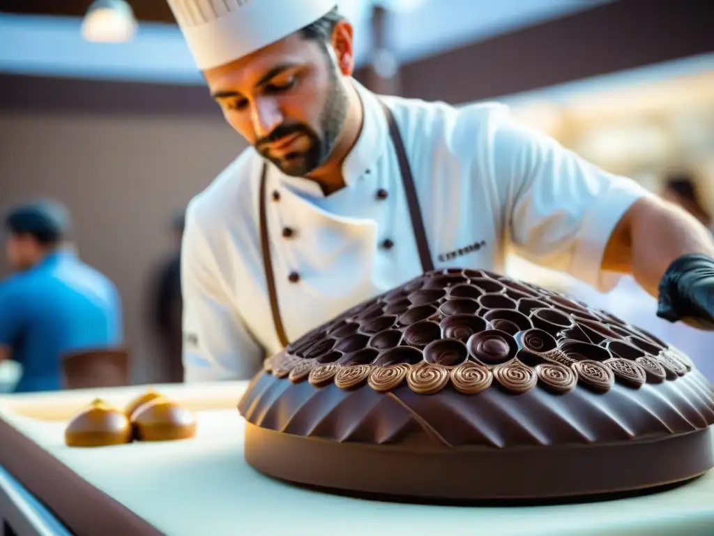 Artesano del chocolate en Fiesta del Chocolate Un maestro chocolatero creando una escultura de chocolate en la vibrante Fiesta del Chocolate en Punta del Este