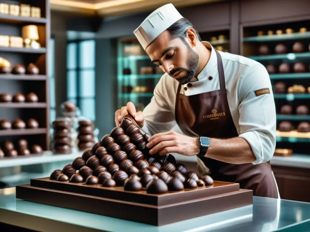 Un maestro chocolatero creando una escultura de chocolate en una chocolatería de lujo en Montevideo, Uruguay