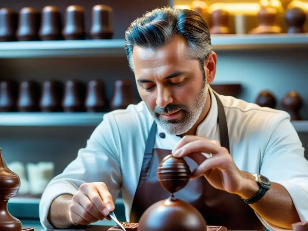 Arte del chocolate en Punta del Este: escultura artesanal Un maestro chocolatero en Punta del Este crea una escultura de chocolate, inmerso en su arte y pasión, en la fiesta del chocolate Punta Este